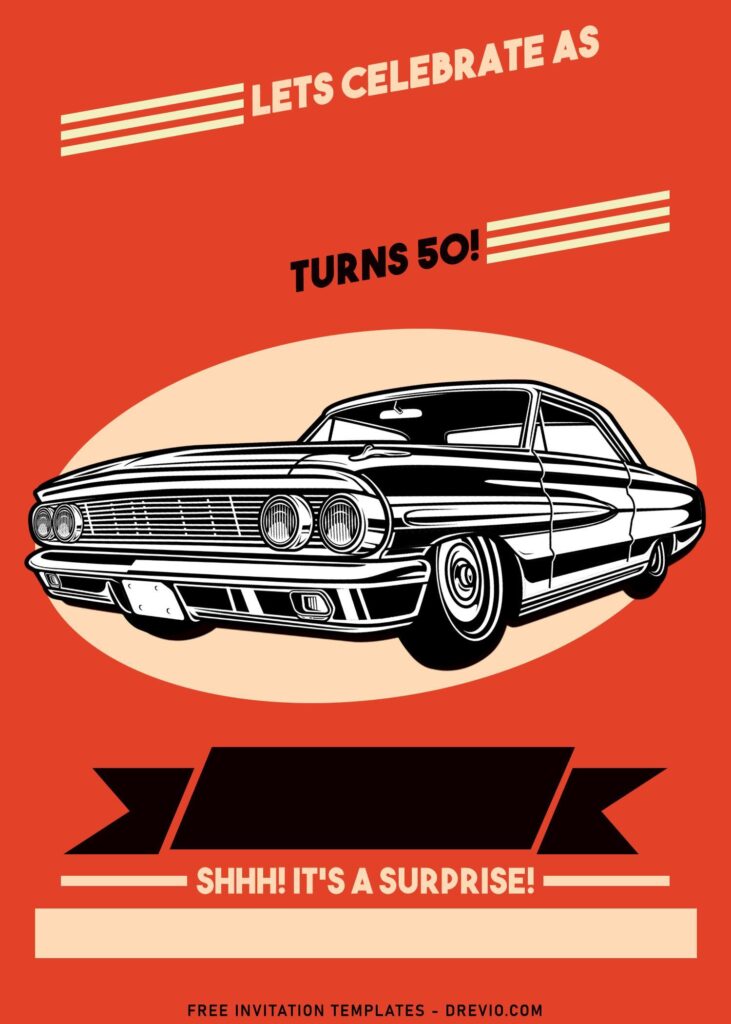 9+ Stylish Retro Car Golden 50th Birthday Invitation Templates with vintage red background