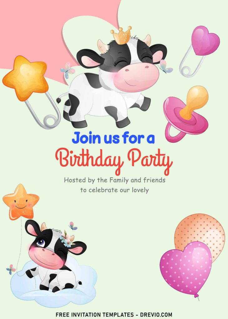 9+ Moo Moo Cow Cute Birthday Party Invitation Templates with watercolor baby calf