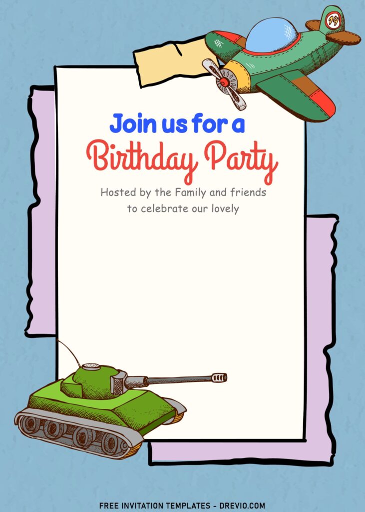 9+ Cartoon Transportation Themed Joint Birthday Invitation Templates with cartoon tank and plane