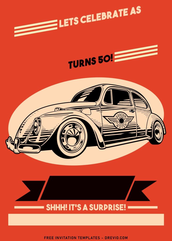 9+ Stylish Retro Car Golden 50th Birthday Invitation Templates with classic VW Beetle car