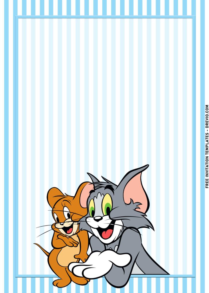 10+ Bubbly Tom And Jerry Themed Birthday Invitation Templates with adorable blue and white stripe background