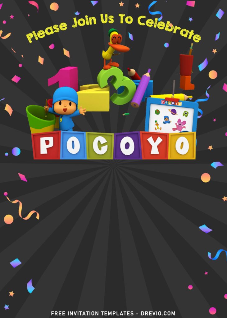 11+ Cute Chalkboard Pocoyo Birthday Invitation Templates with colorful confetti
