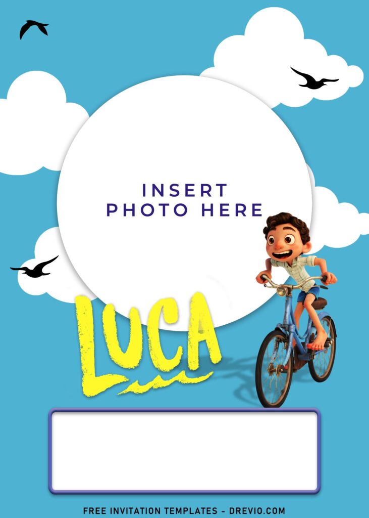 7+ Fantasy Comedy Disney Luca And Friends Birthday Invitation Templates with Luca is riding his bike