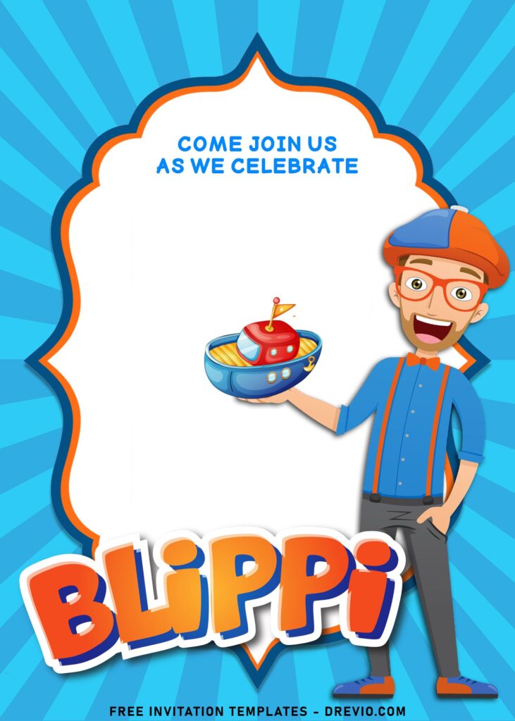 7+ Cheerful Blippi Kids Birthday Party Invitation Templates with Blippi's holding Ship toy