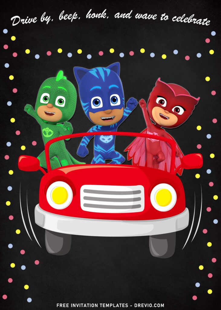 7+ Custom PJ Masks Drive By Birthday Party Invitation Templates with colorful polka dots