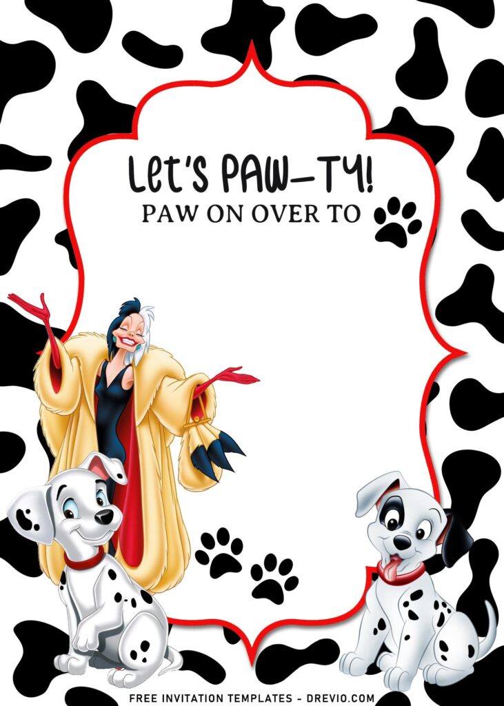 7+ Disney Cruella De Vil Birthday Invitation Templates with adorable Dalmatians dogs