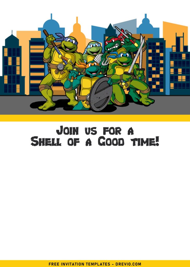 7+ Fun Teenage Mutant Ninja Turtles In The City Birthday Invitation Templates with cartoon hand drawn TMNT characters