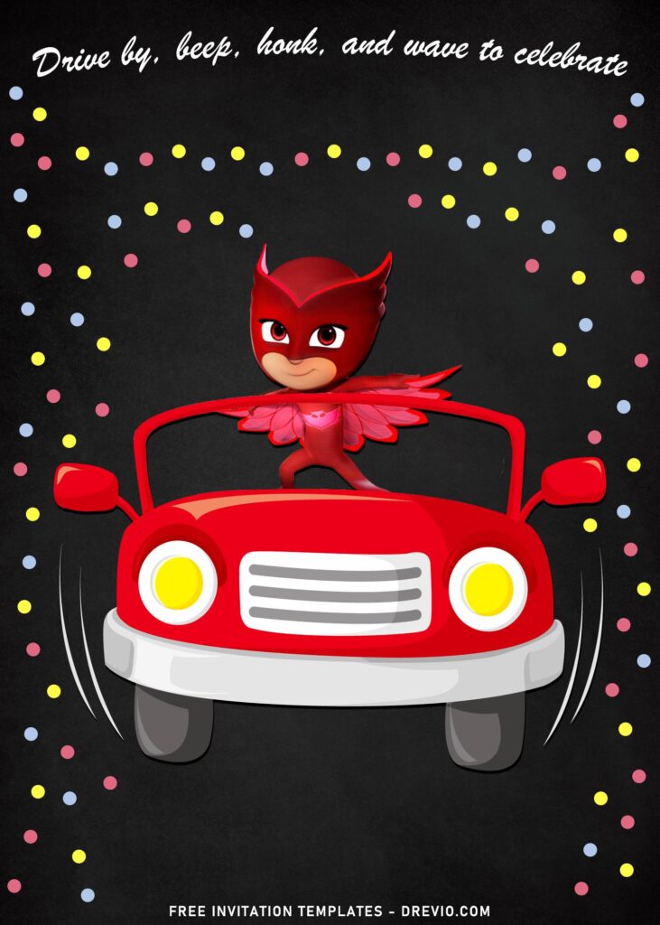 7+ Custom PJ Masks Drive By Birthday Party Invitation Templates with cute cartoon car