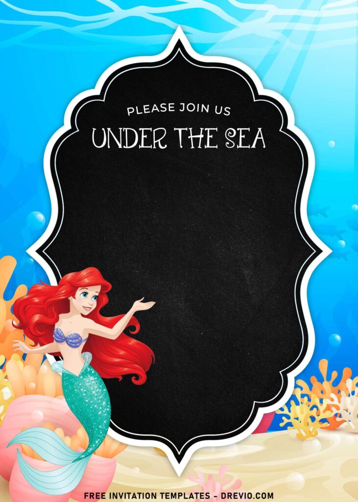 8+ Cartoon Chalkboard Ariel The Little Mermaid Birthday Invitation Templates with cute bracket text frame