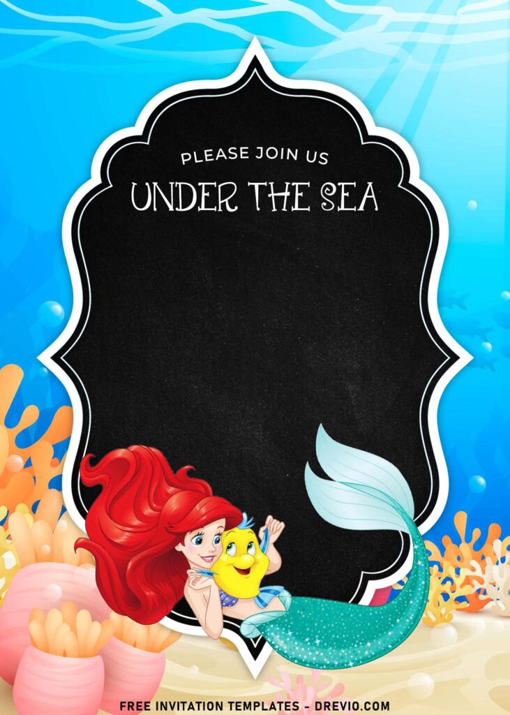 8+ Cartoon Chalkboard Ariel The Little Mermaid Birthday Invitation Templates with cute Flounder