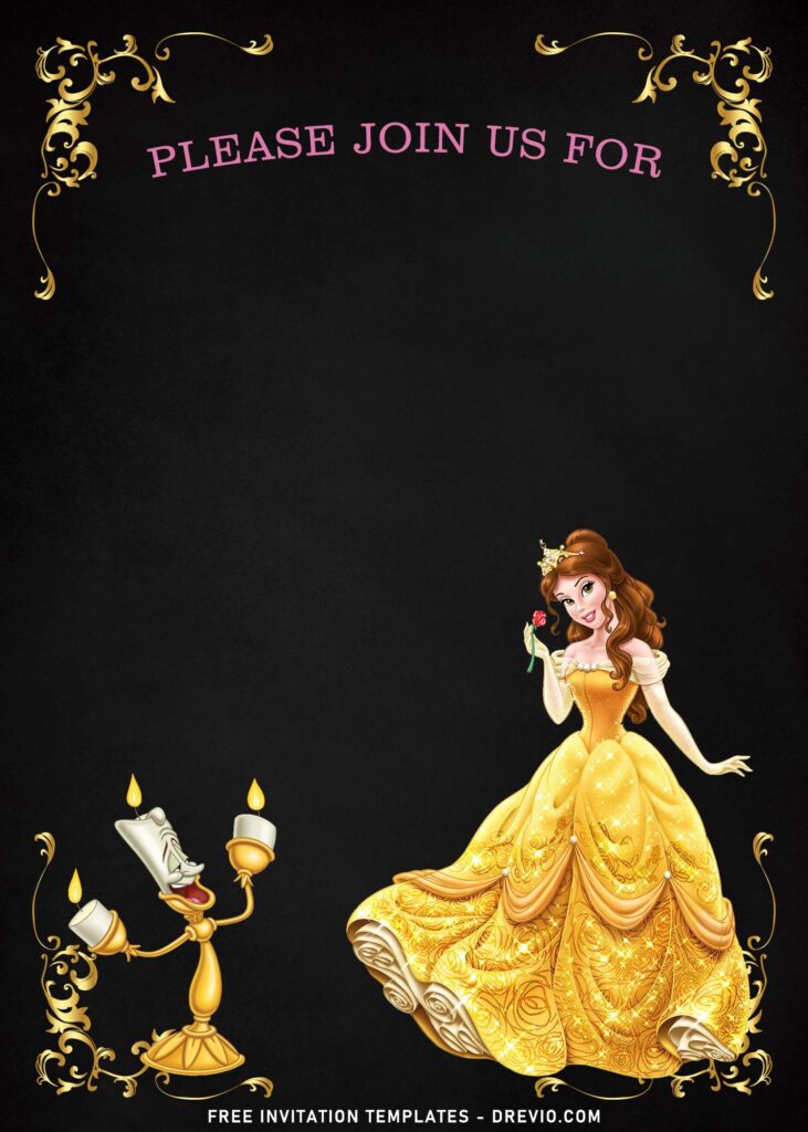 8+ Gleaming Gold Princess Belle Birthday Invitation Templates with Lumiere