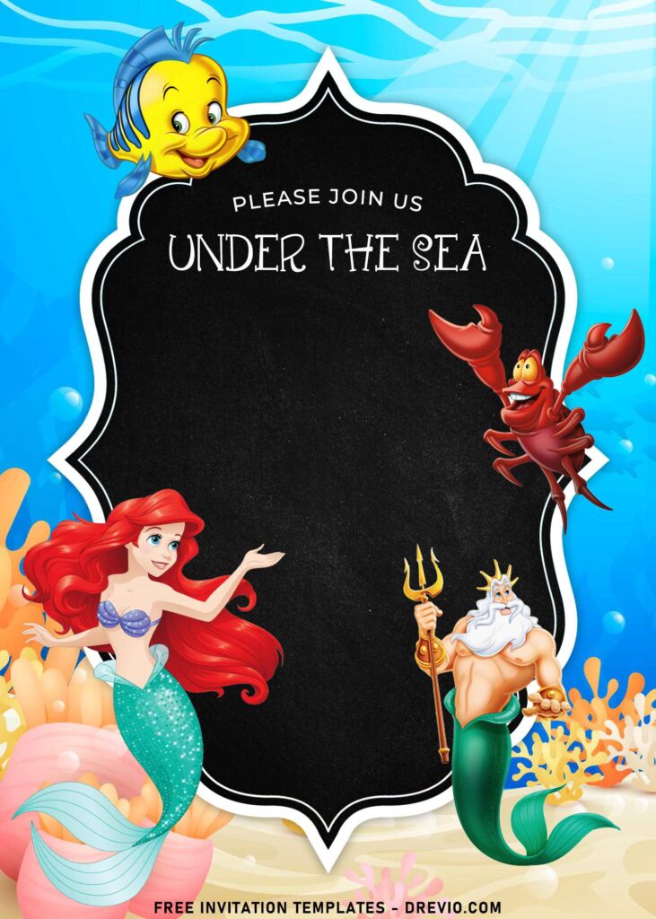 8+ Cartoon Chalkboard Ariel The Little Mermaid Birthday Invitation Templates with cute Sebastian