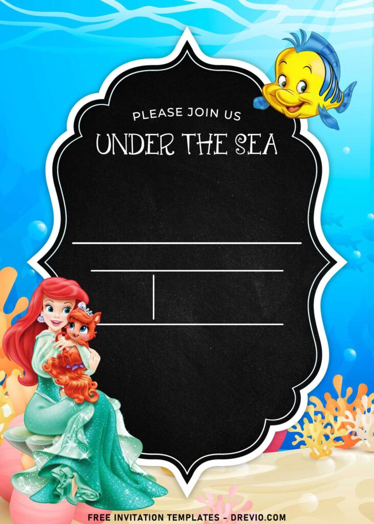 8+ Cartoon Chalkboard Ariel The Little Mermaid Birthday Invitation Templates with beautiful princess Ariel is holding her pet