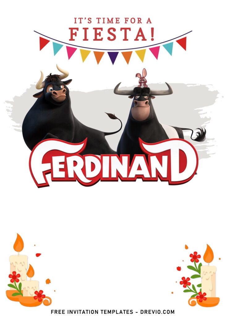 9+ The Bubbly El Toro Ferdinand Movie Birthday Invitation Templates with colorful bunting flags and Mexican fiesta candles