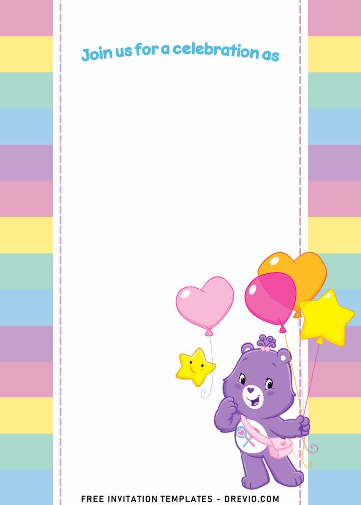 7+ Cute Pastel Rainbow Care Bears Girl Birthday Invitation Templates with Colorful Balloons