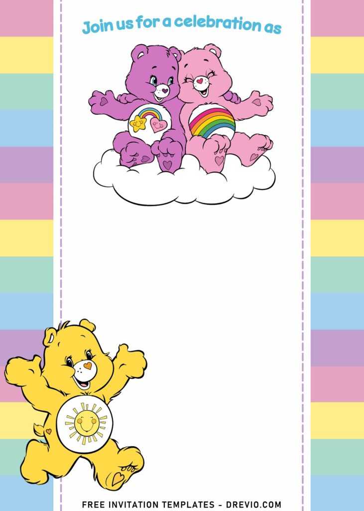 7+ Cute Pastel Rainbow Care Bears Girl Birthday Invitation Templates with Cheer and Laugh-a-lot Bear