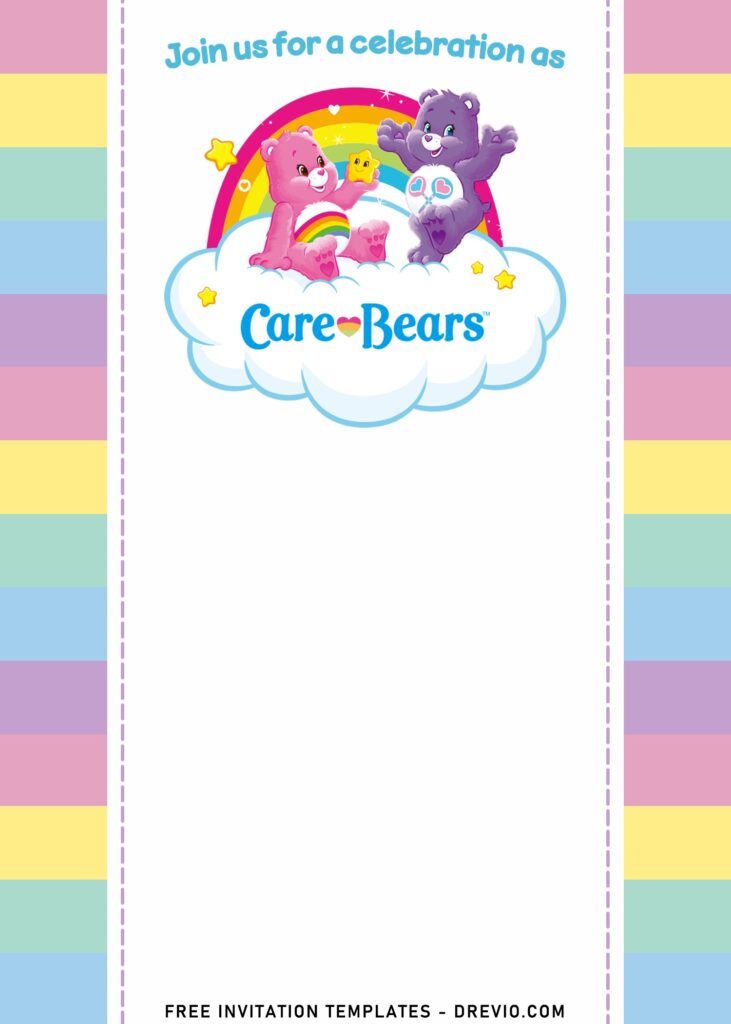 7+ Cute Pastel Rainbow Care Bears Girl Birthday Invitation Templates with pastel rainbow background