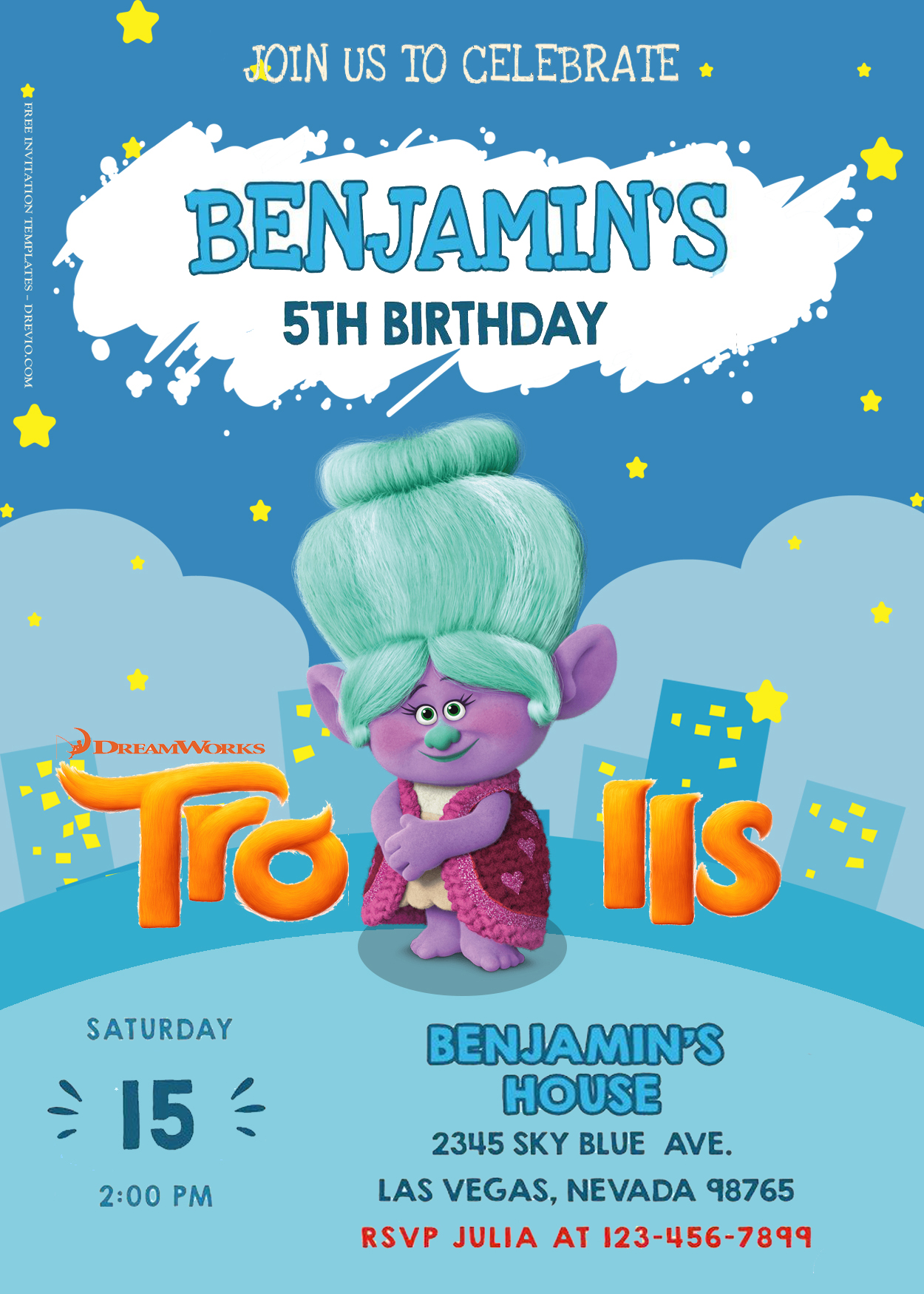 9+ Trolls Party On The Town Birthday Invitation Templates Title