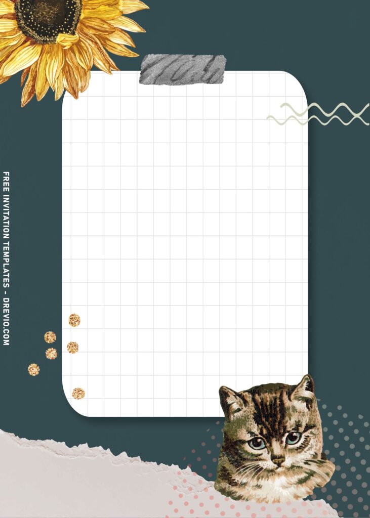 11+ Watercolor Collage Pattern And Floral Birthday Invitation Templates with cute cat and sunflower stickers