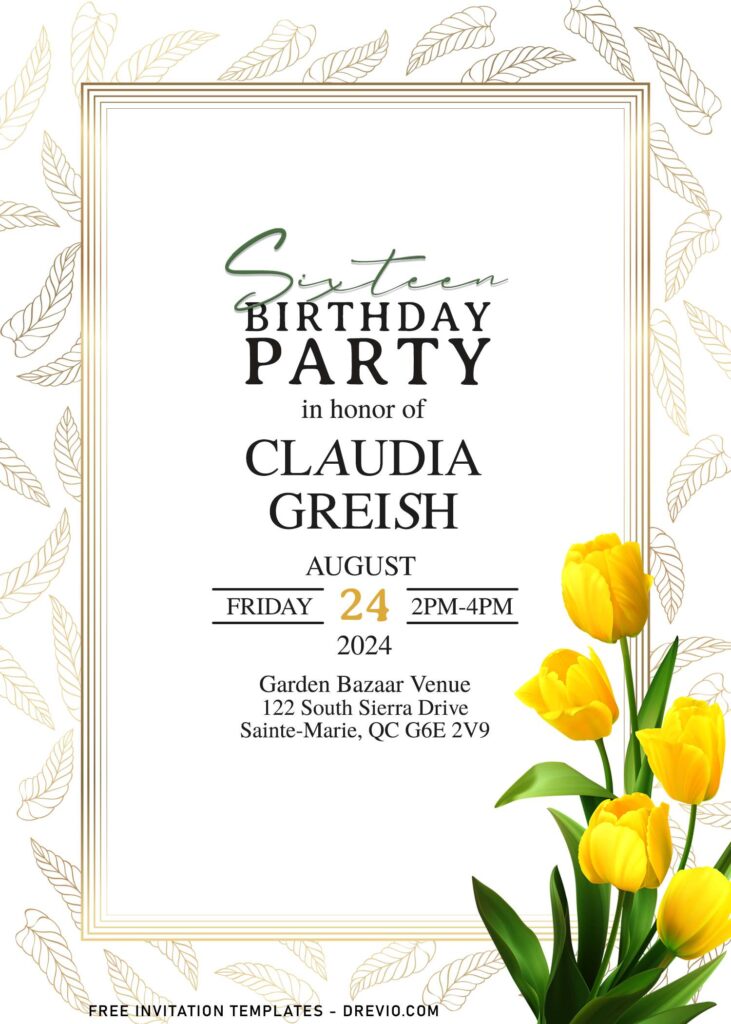 11+ Modern Gilded Gold Leaves And Tulip Birthday Invitation Templates