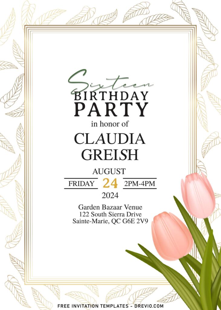 11+ Modern Gilded Gold Leaves And Tulip Birthday Invitation Templates