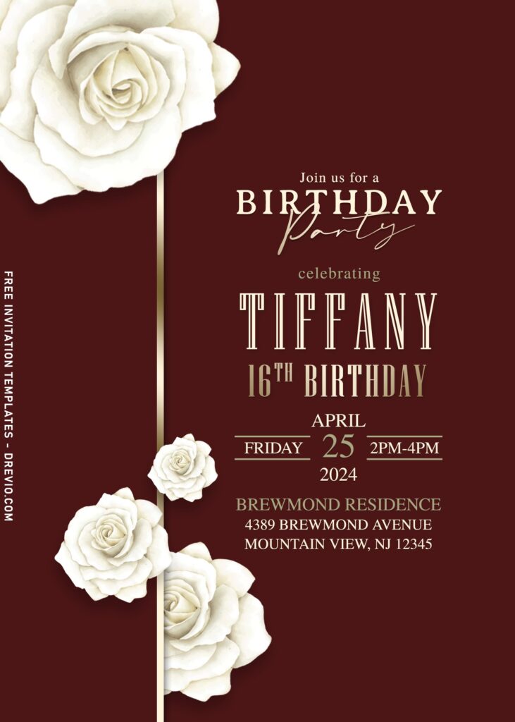 10+ Classy White Rose Sixteenth Birthday Invitation Templates with burgundy red background