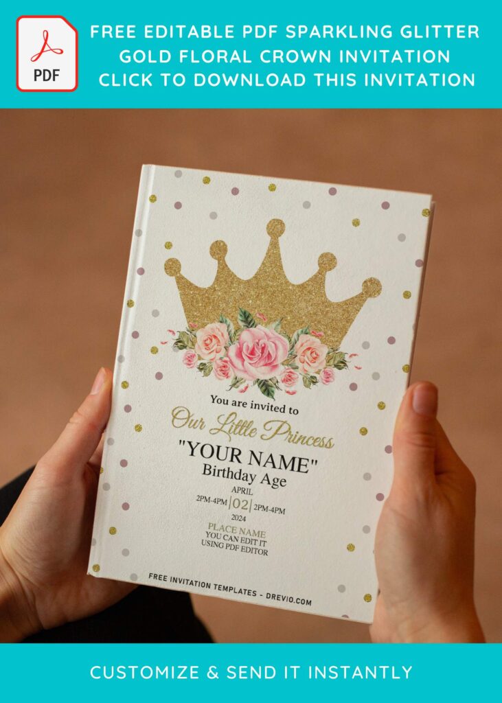 (Free Editable PDF) Sparkling Glitter Gold Floral Crown Invitation Templates with golden crown