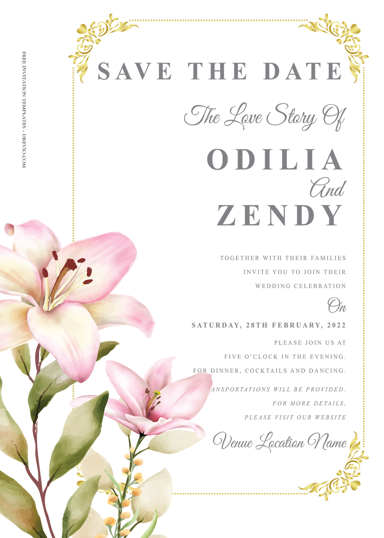 9+ Pink Lily Floral Gold Wedding Invitation Templates Title
