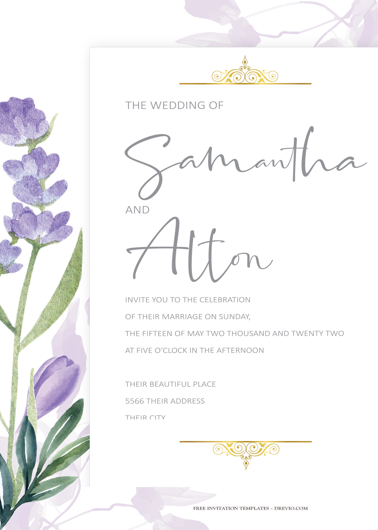 9+ Purple Dawn Floral Gold Wedding Invitation Templates Title