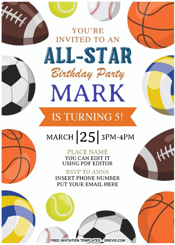 Cool All-Star Sport Themed Birthday Invitation Templates Editable With PDF Editor and has 