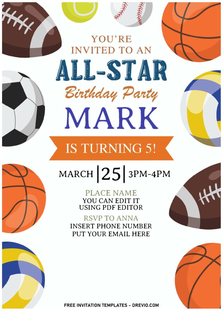 Cool All-Star Sport Themed Birthday Invitation Templates Editable With PDF Editor and has Sport Balls drawings