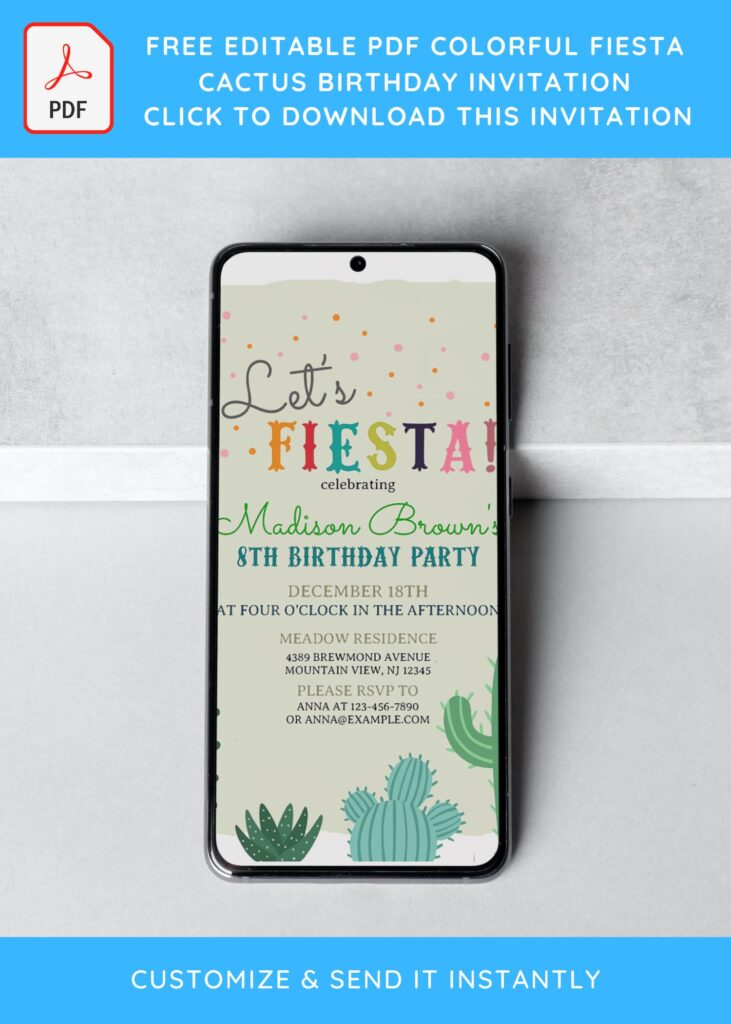 (Free Editable) Colorful Fiesta Cactus Birthday Invitation Templates with cute succulent plants