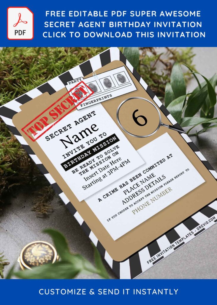 (Free Editable PDF) Super Awesome Secret Agent Birthday Invitation Templates with top secret stamp
