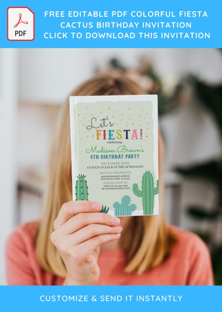 (Free Editable) Colorful Fiesta Cactus Birthday Invitation Templates with colorful wordings