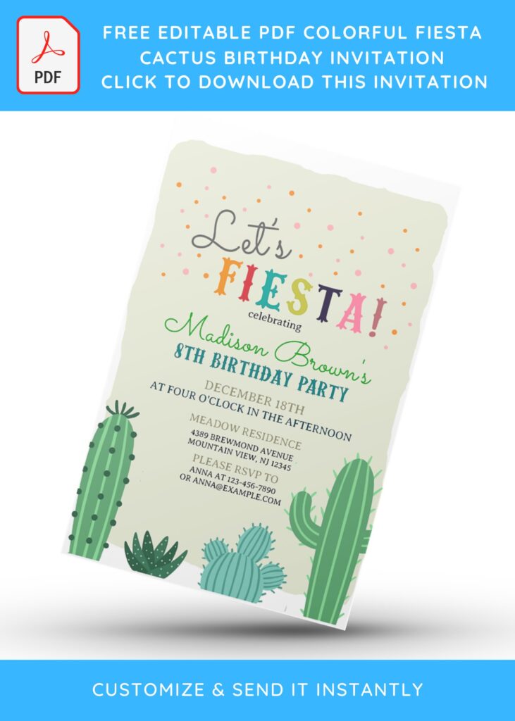(Free Editable) Colorful Fiesta Cactus Birthday Invitation Templates with rustic background