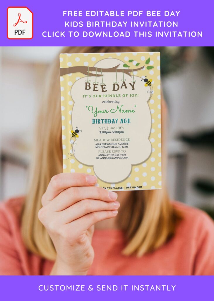(Free Editable PDF) Happy Bee Day Birthday Invitation Templates with white polka dot background