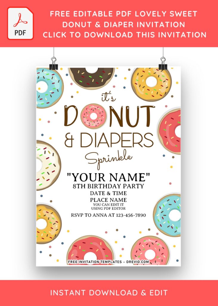 (Free Editable PDF) Lovely Donut And Diaper Invitation Templates with cute wording