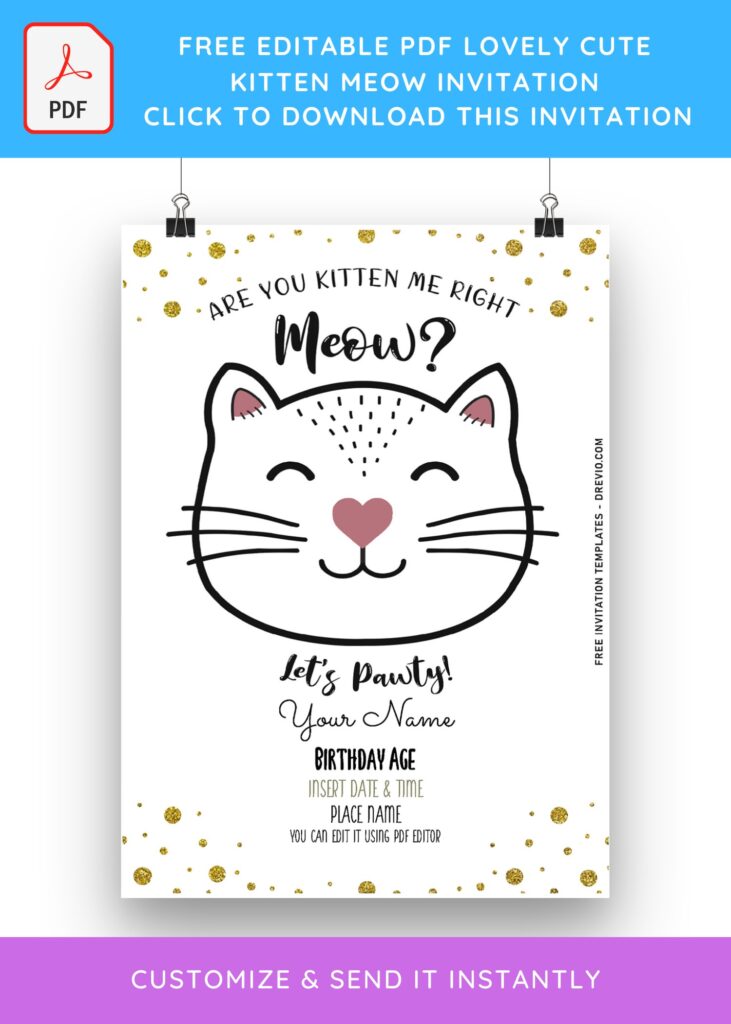 (Free Editable PDF) Lovely Cute Kitten Meow Birthday Invitation Templates with cute pink cat nose
