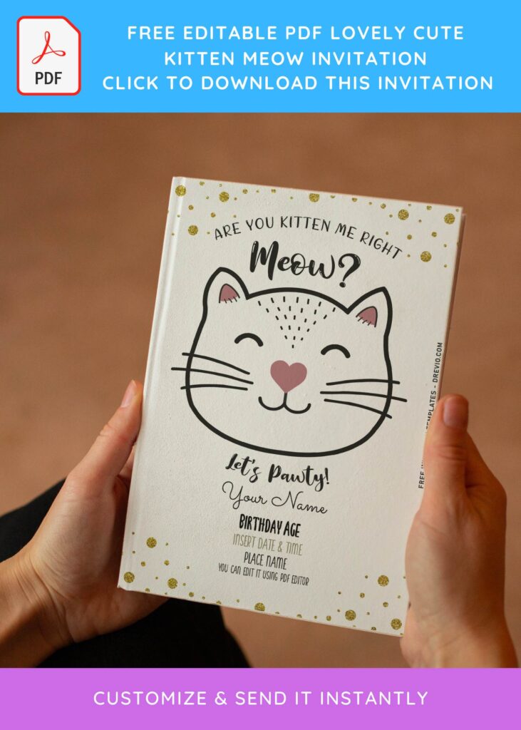 (Free Editable PDF) Lovely Cute Kitten Meow Birthday Invitation Templates with cute cat head