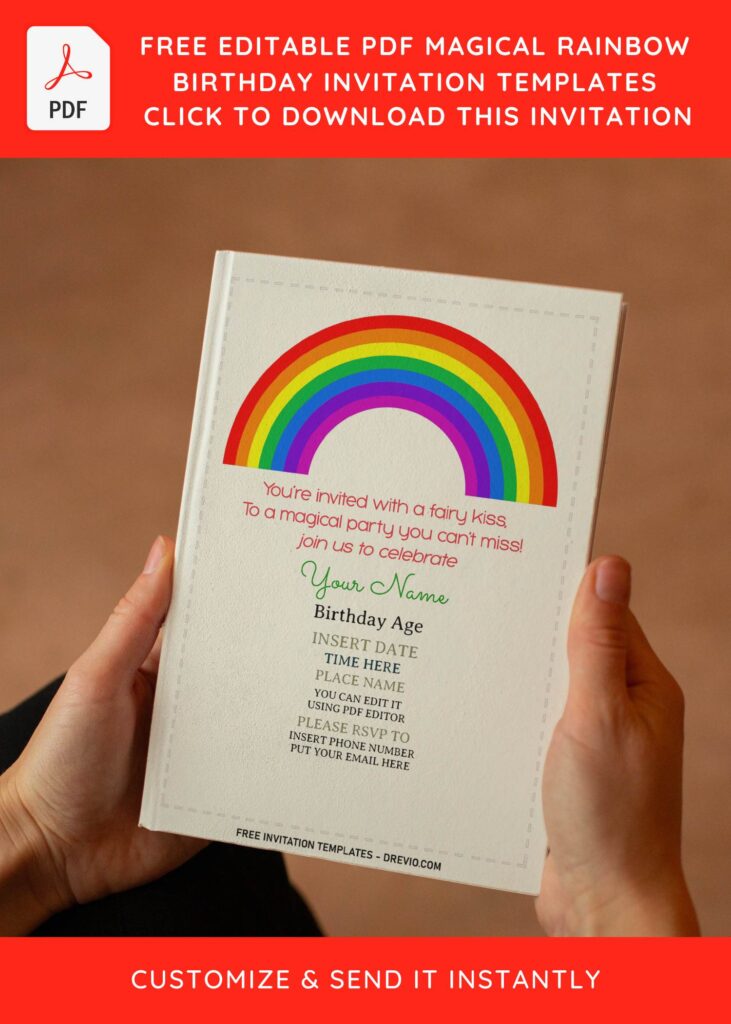 (Free Editable PDF) Magical Rainbow Kids Birthday Invitation Templates with cute wordings