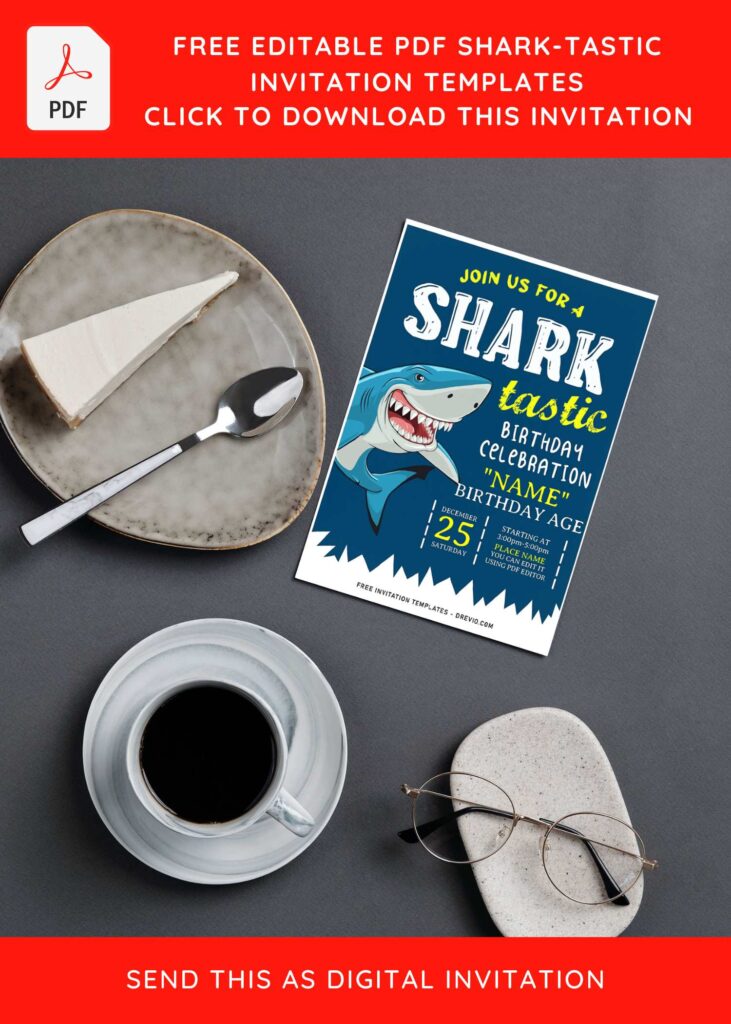 (Free Editable PDF) Cute Shark-Tastic Birthday Invitation Templates with colorful wordings