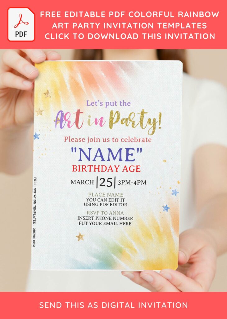 (Free Editable PDF) Colorful Tie Dye Art Party Invitation Templates with colorful text
