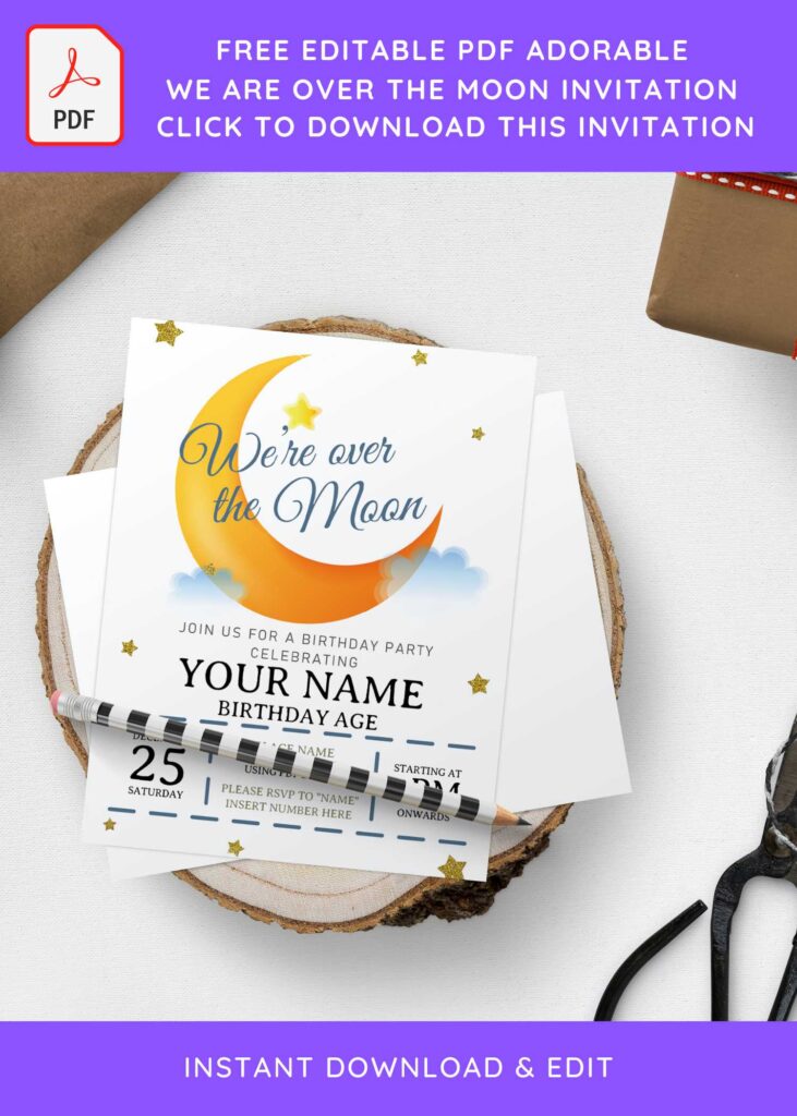 (Free Editable PDF) We Are Over The Moon Birthday Invitation Templates with cute wording