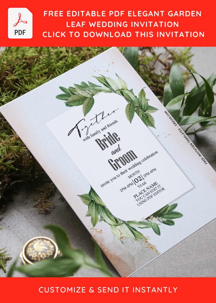 (Free Editable PDF) Elegant Garden Leaf Wedding Invitation Templates with palm leaves