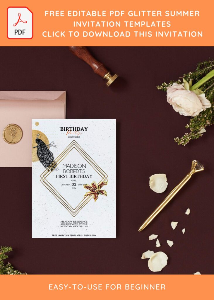 (Free Editable PDF) Aesthetic Spring Floral & Peacock Invitation Templates with asymmetric lines
