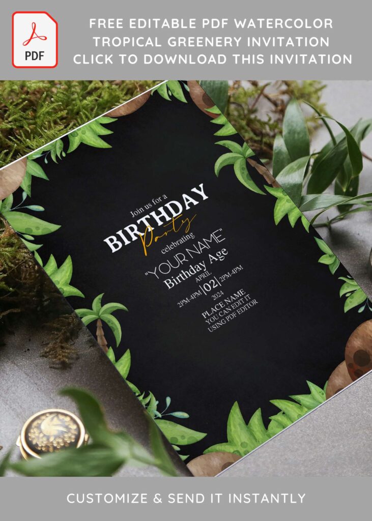 (Free Editable PDF) Cute Chalkboard Greenery Birthday Invitation Templates with palm leaves