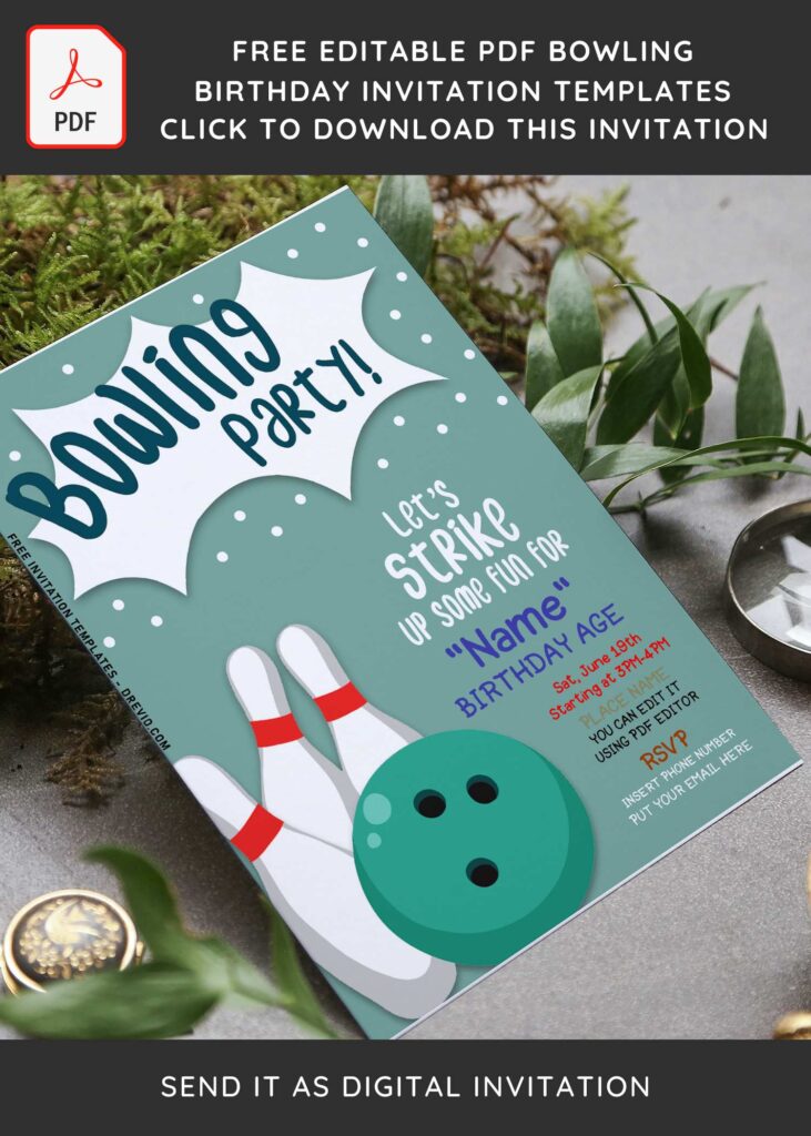(Free Editable PDF) Strike Up Fun Bowling Birthday Invitation Templates with bowling pins