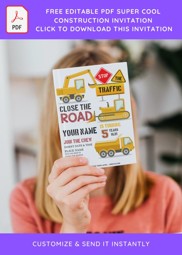 (Free Editable PDF) Super Cool Construction Themed Birthday Invitation Templates with construction signs