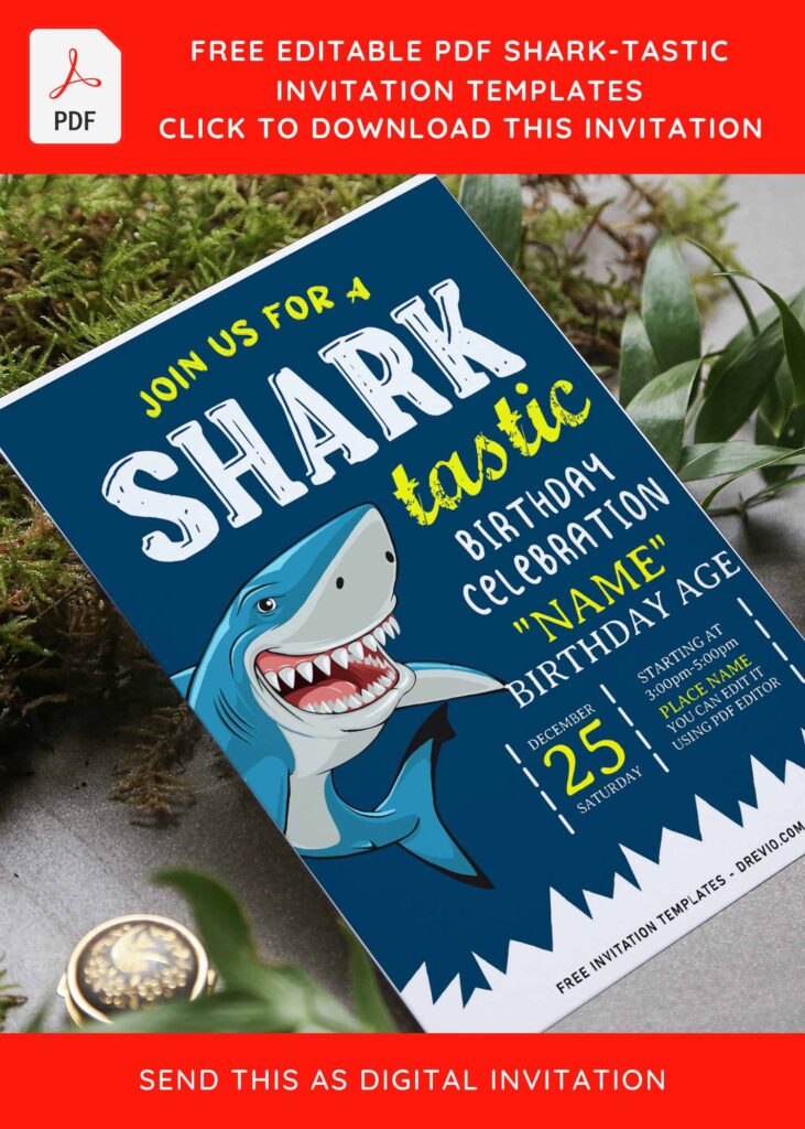 (Free Editable PDF) Cute Shark-Tastic Birthday Invitation Templates with awesome Shark graphic
