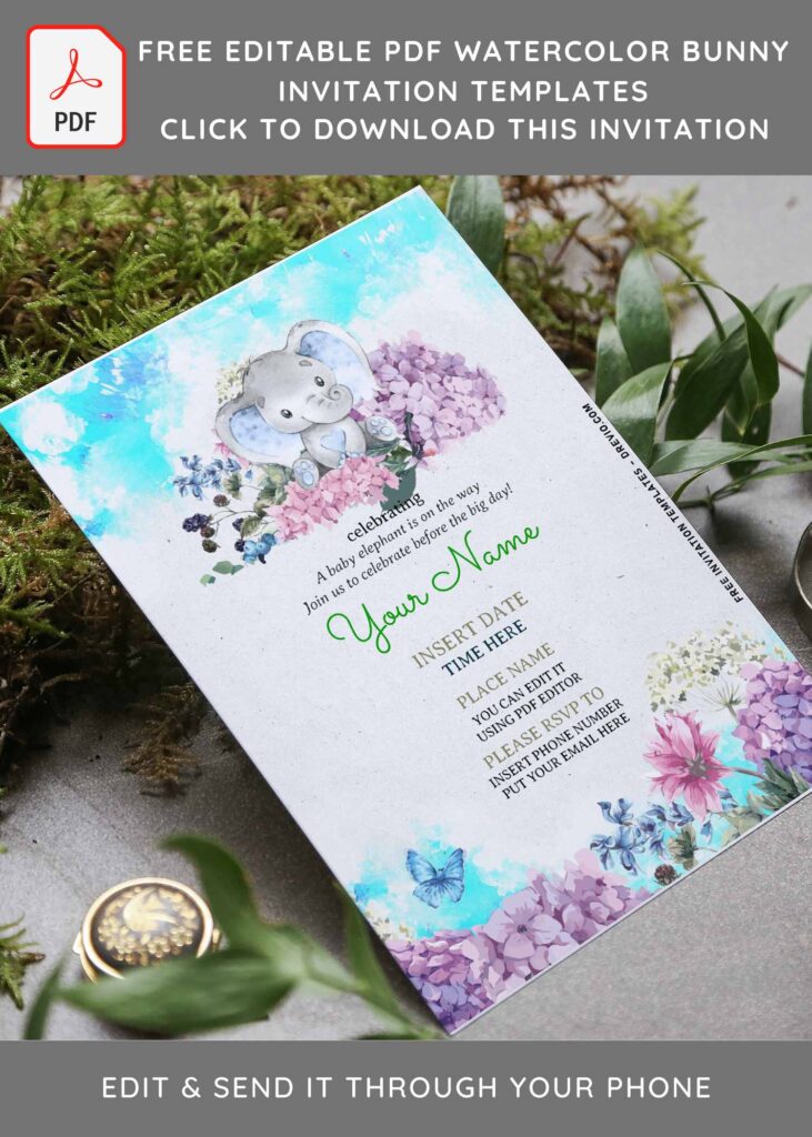(Free Editable PDF) Adorable Baby Elephant Birthday Invitation Templates with gorgeous lavender